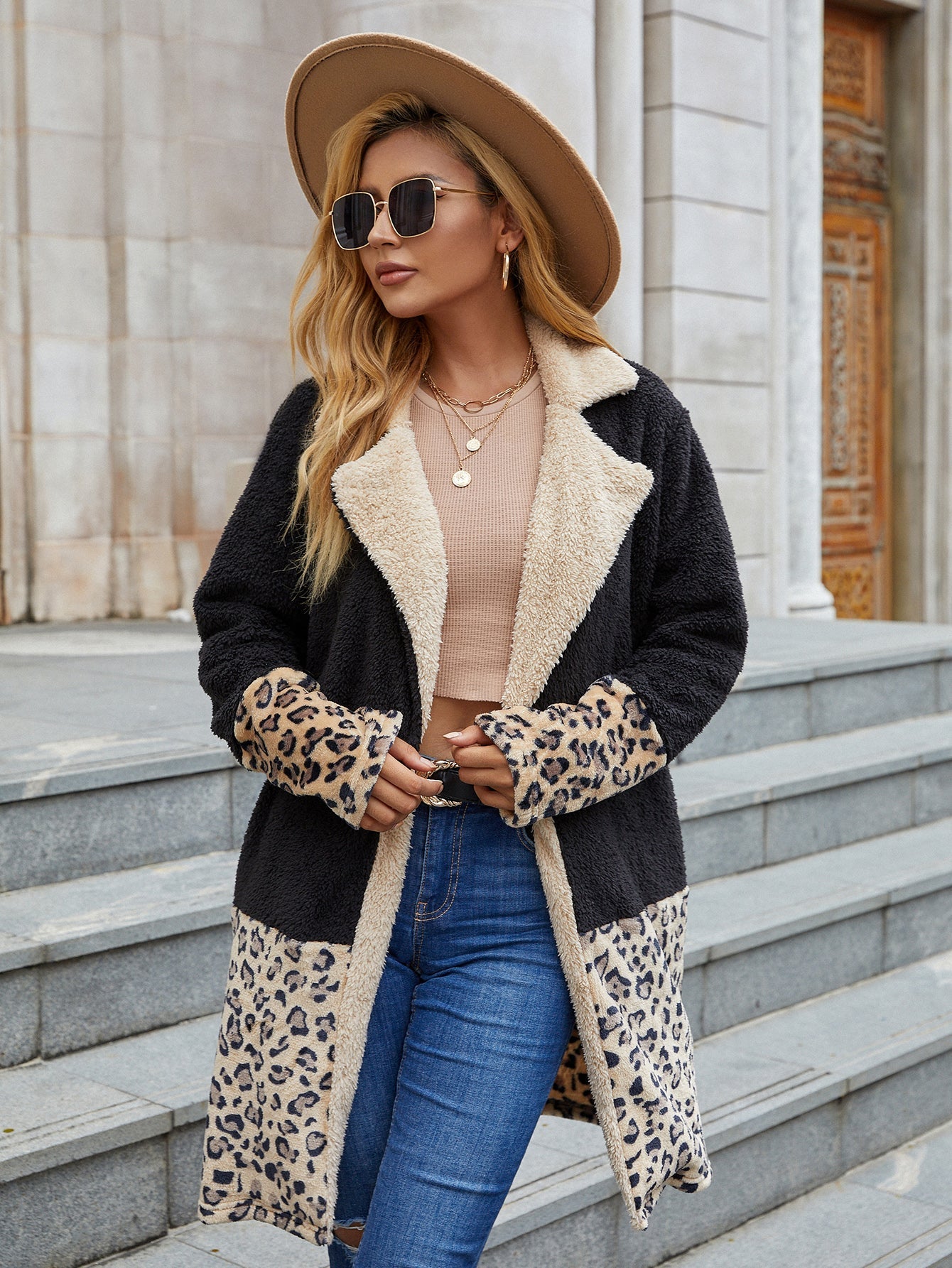 Leopard print lapel long coat Sai Feel