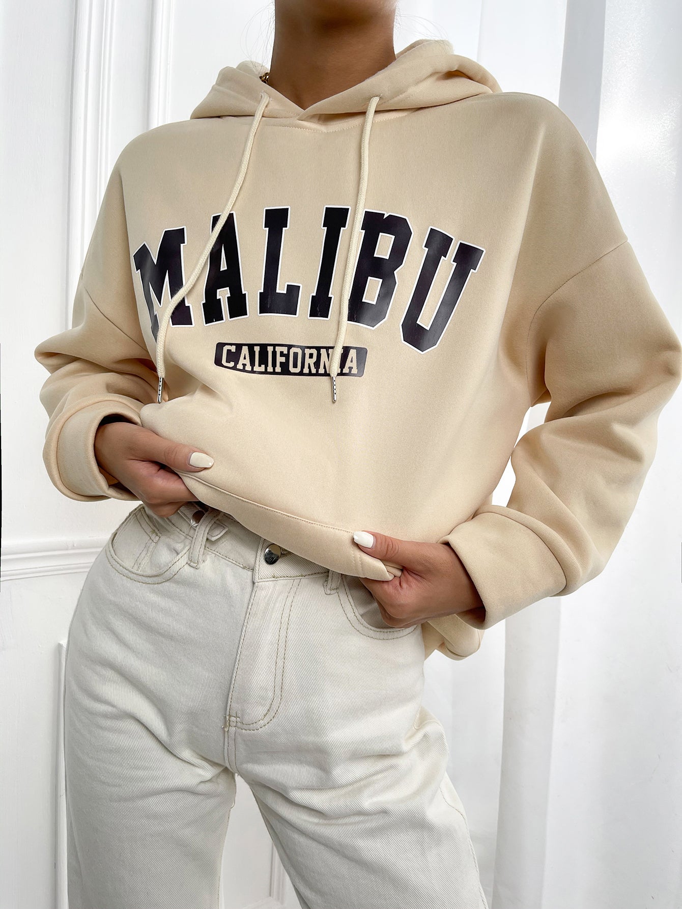 Letter Graphic Drop Shoulder Drawstring Hoodie Sai Feel