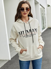 Letter Graphic Lined Drawstring Hoodie Sai Feel