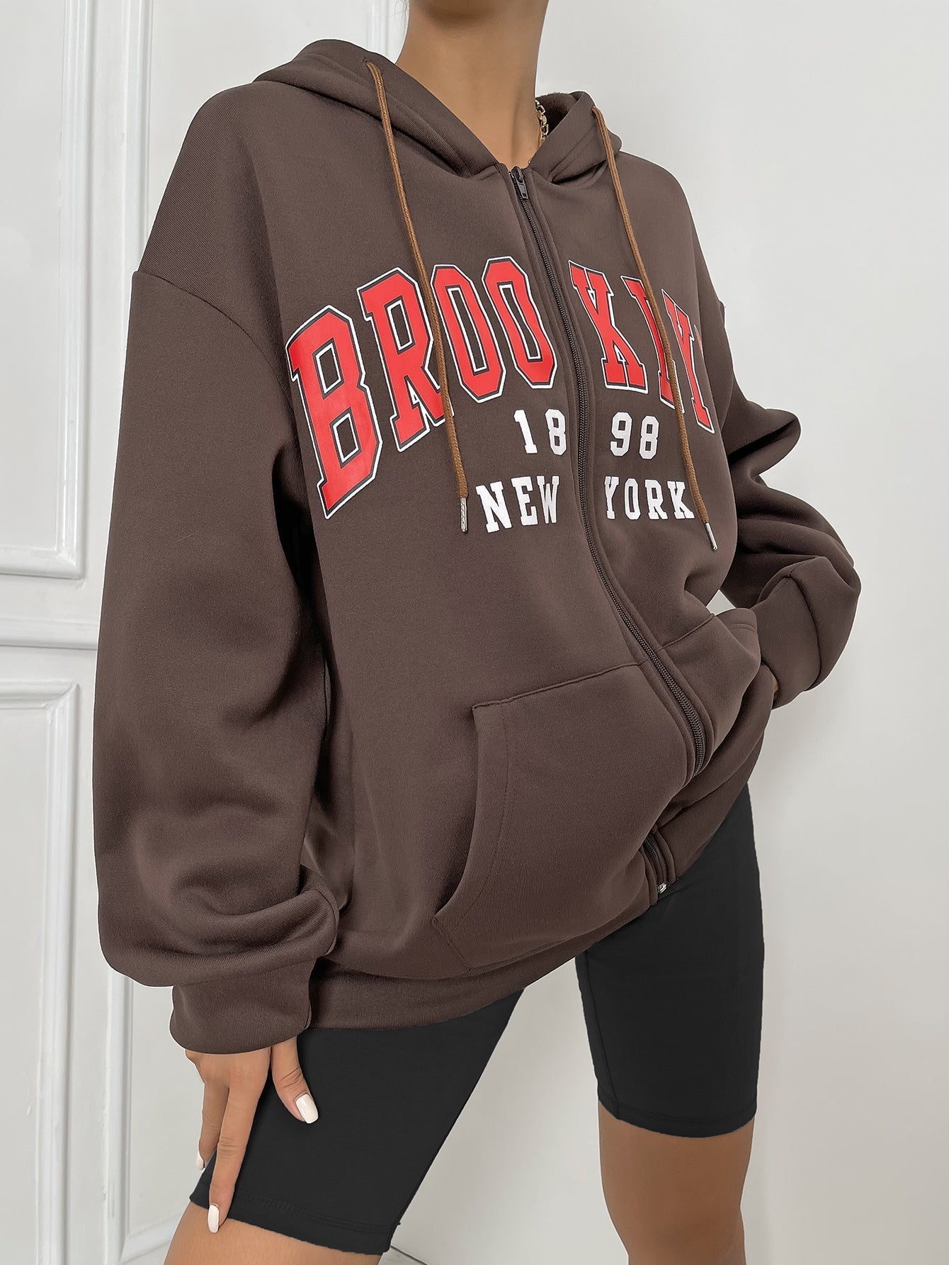 Letter Graphic Zip Up Drop Shoulder Drawstring Thermal Hoodie Sai Feel