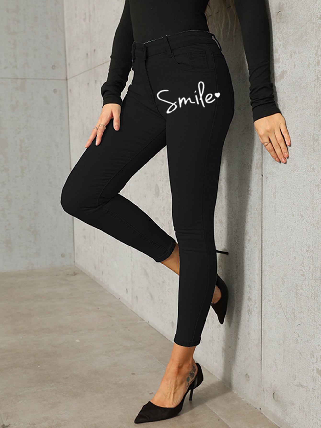 Letter Print High Stretch Skinny Jeans Sai Feel