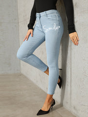 Letter Print High Stretch Skinny Jeans Sai Feel