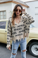 Letter V-neck ripped loose sexy off the shoulder sweater Sai Feel