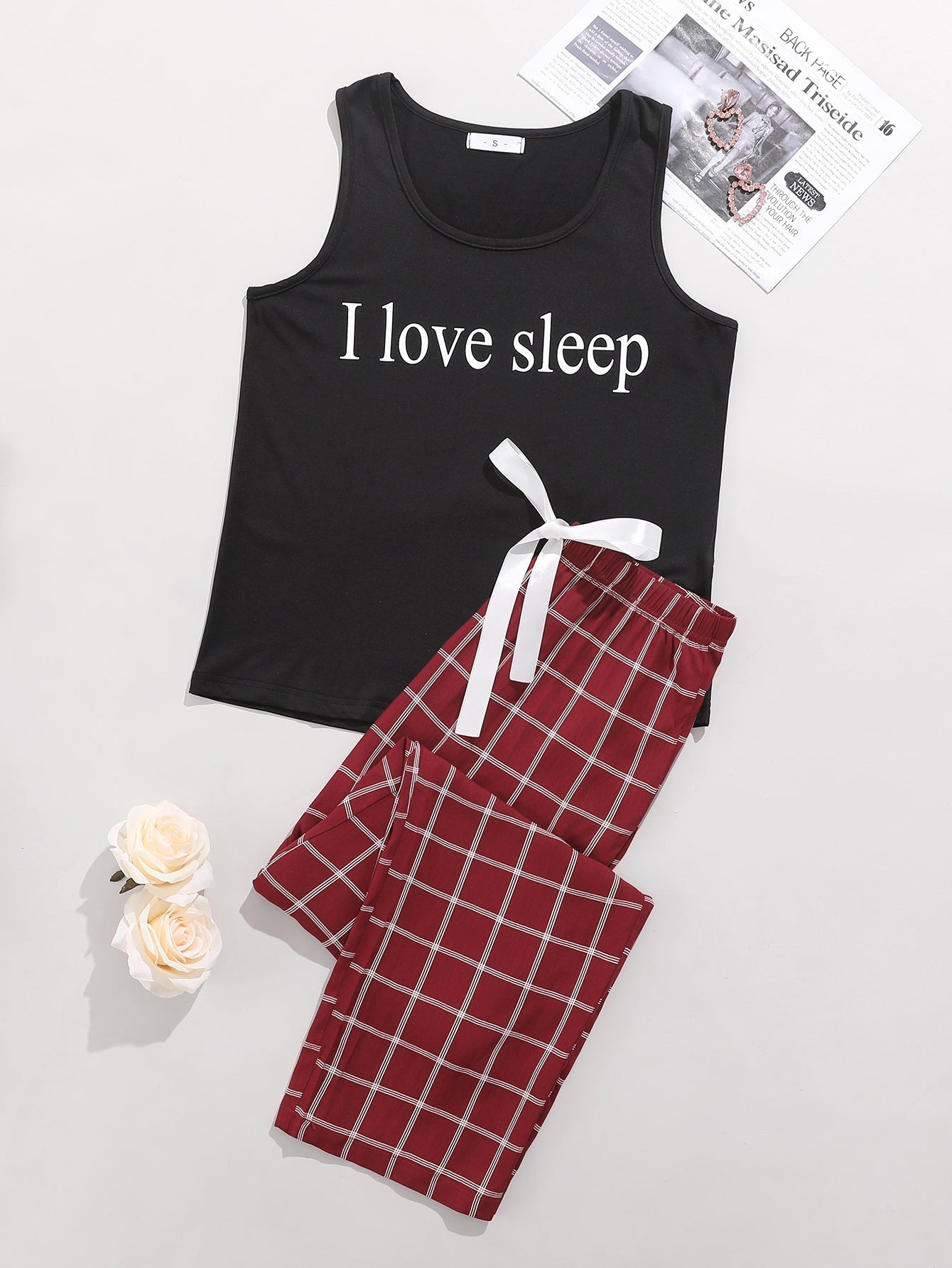 Letter printed scoop neck top and plaid pants lounge set Sai Feel