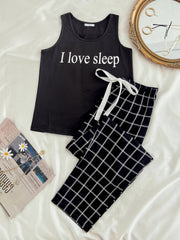 Letter printed scoop neck top and plaid pants lounge set Sai Feel