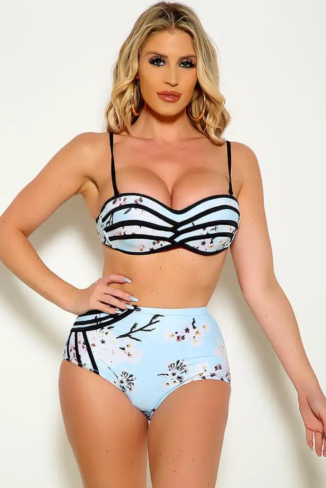 Light Blue Floral Print Two Piece Swimsuit Sai Feel