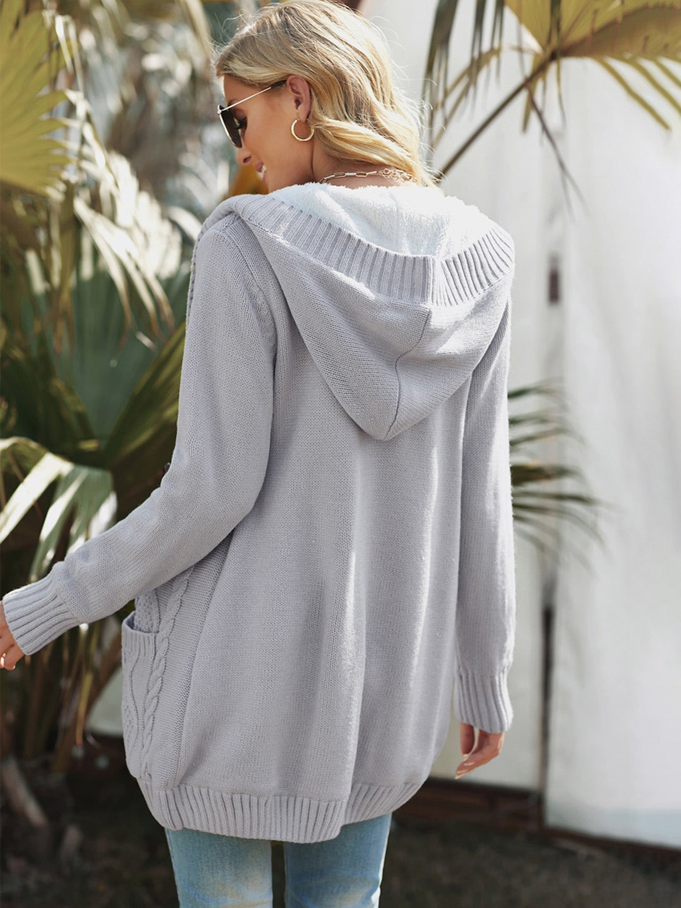 Light Gray Buttoned Hooded Open Front Knitted Sweater Cardigan Sai Feel