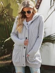 Light Gray Buttoned Hooded Open Front Knitted Sweater Cardigan Sai Feel