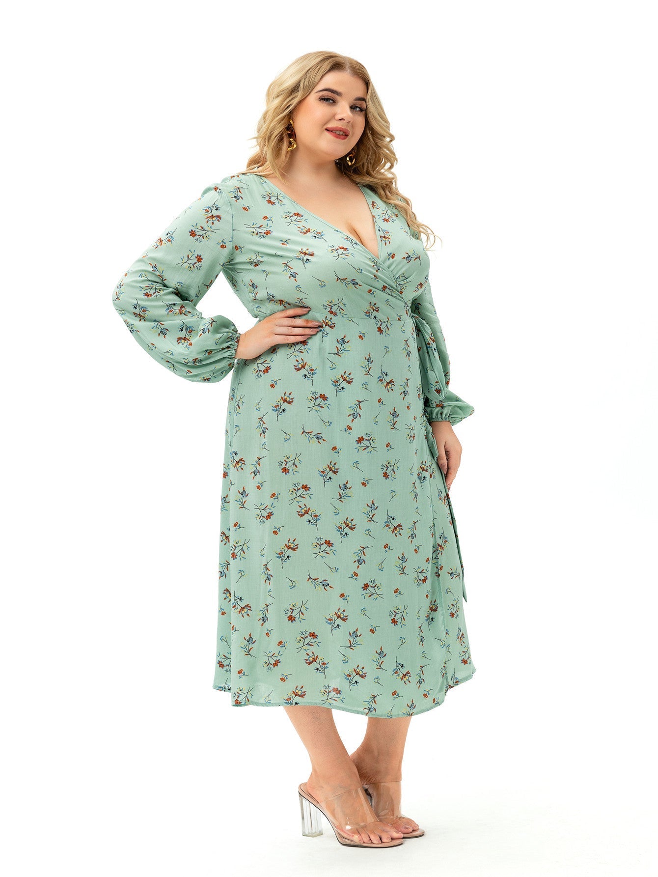 Light Green Plus Size Long Sleeve Wrap Dress Sai Feel