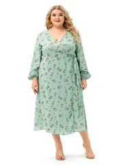 Light Green Plus Size Long Sleeve Wrap Dress Sai Feel