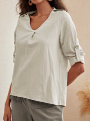 Linen Textured V-Neck Blouse Top Sai Feel