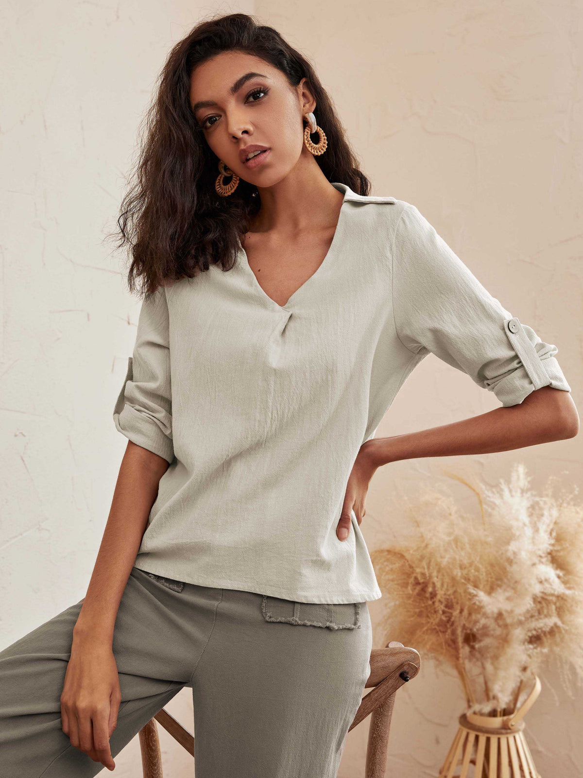 Linen Textured V-Neck Blouse Top Sai Feel