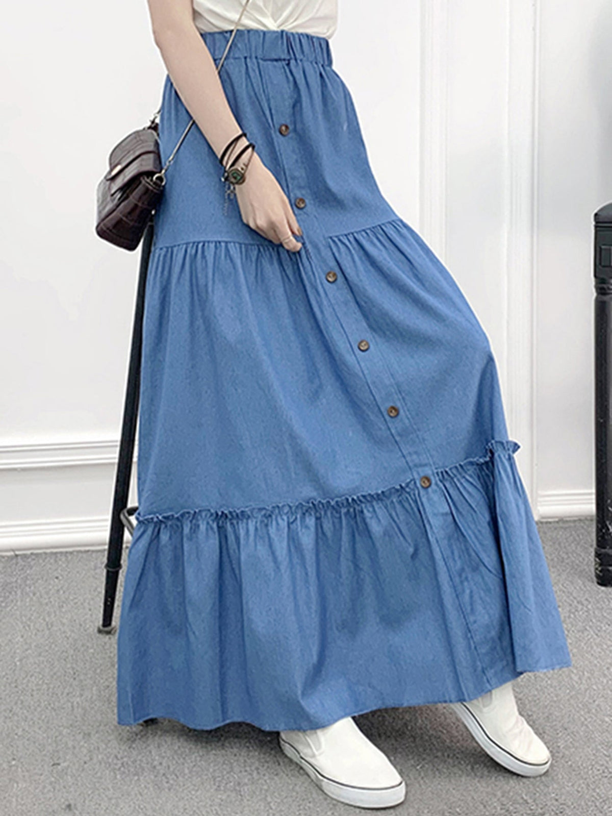 Long Jeans Retro High Waisted Elastic Full Skirt Sai Feel