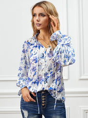 Long Sleeve Casual Tunic Tops Drawstring Floral Print Shirt Buttoned Blouse Sai Feel