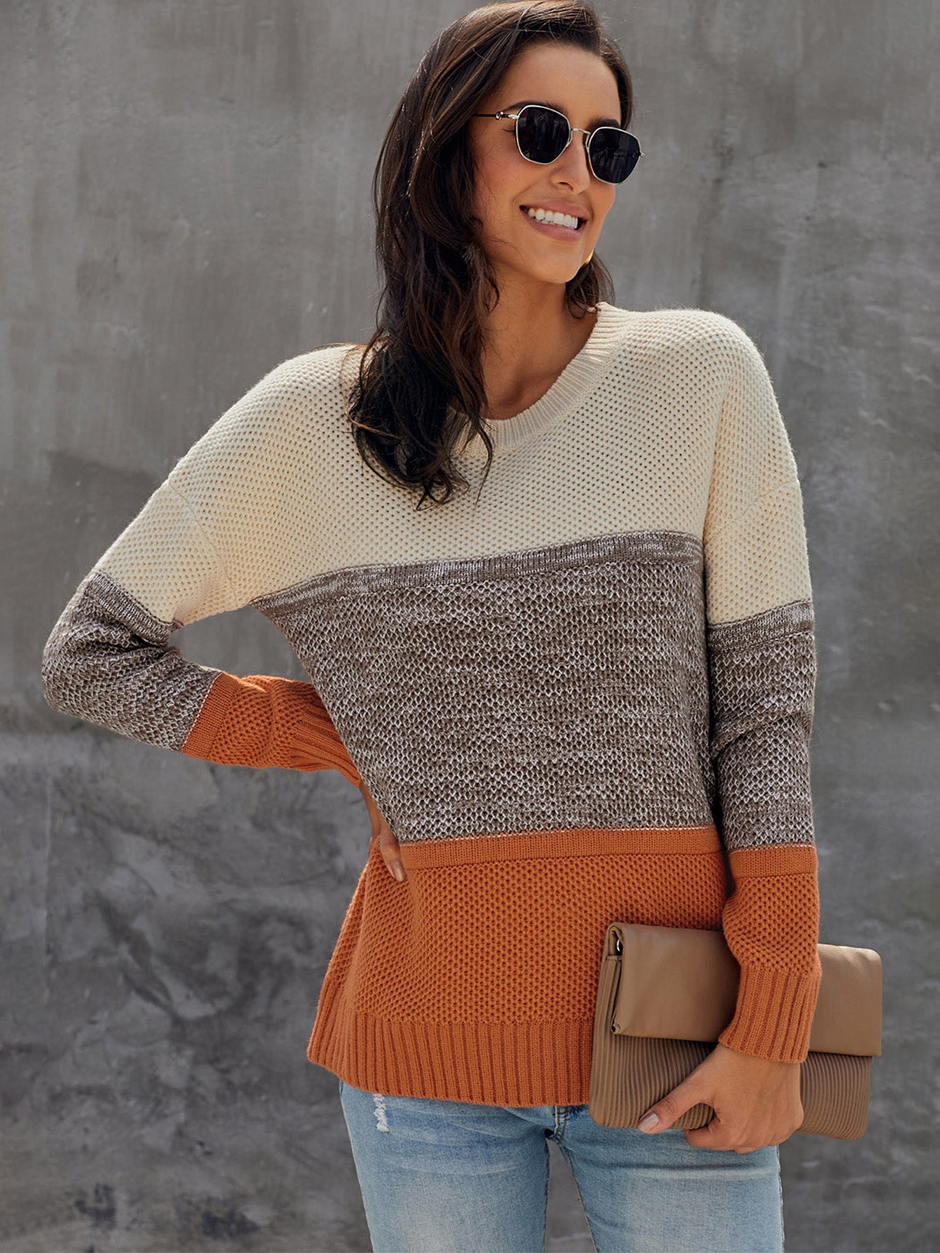Long Sleeve Color Block Crewneck Drop Shoulder Slouchy Ribbed Sweater Sai Feel