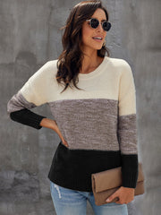Long Sleeve Color Block Crewneck Drop Shoulder Slouchy Ribbed Sweater Sai Feel