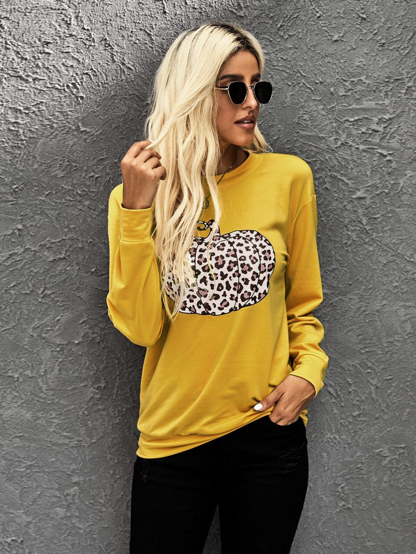 Long Sleeve Crew Neck Pumpkin Pattern Printing Shirt Sai Feel