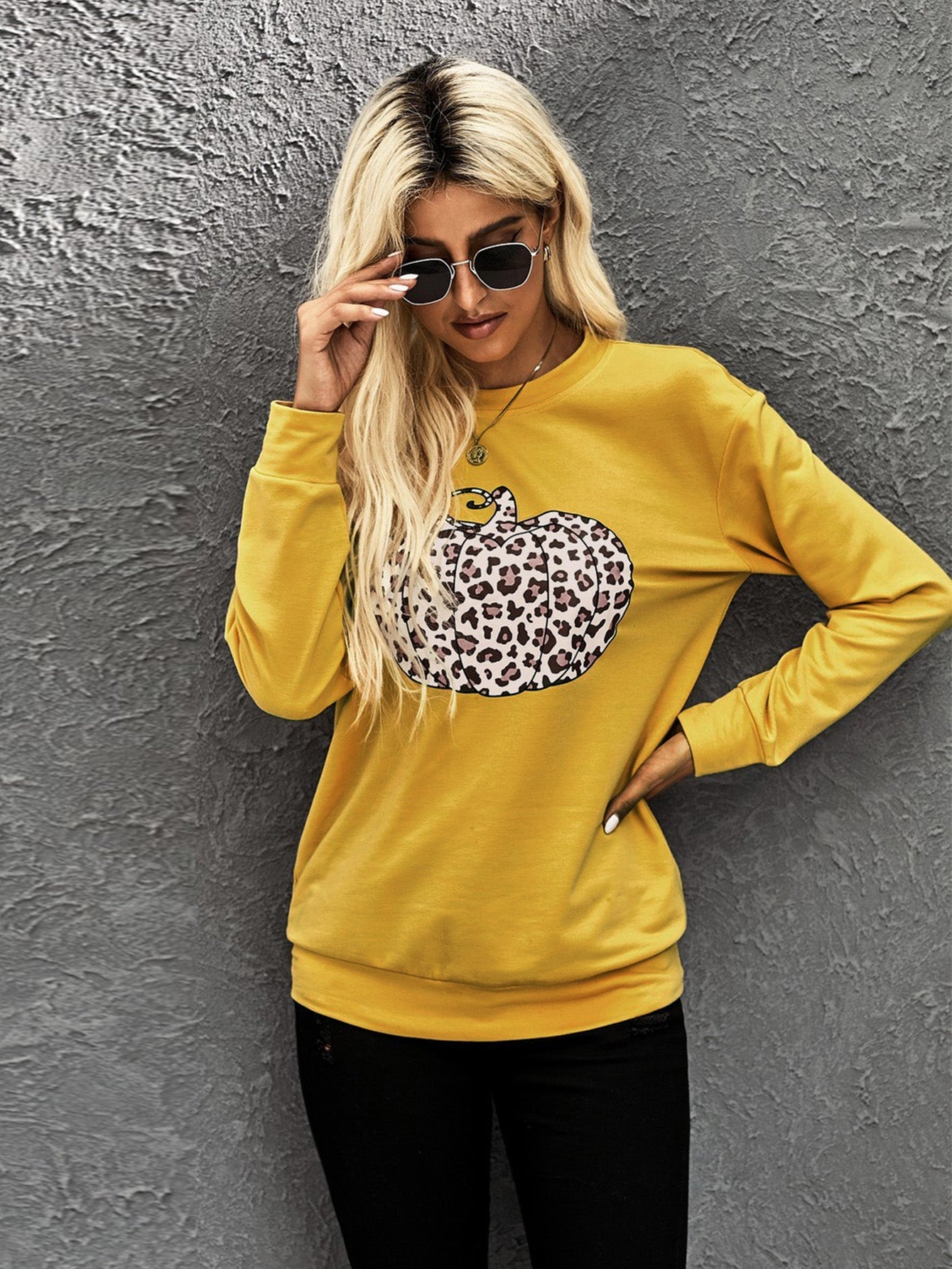 Long Sleeve Crew Neck Pumpkin Pattern Printing Shirt Sai Feel