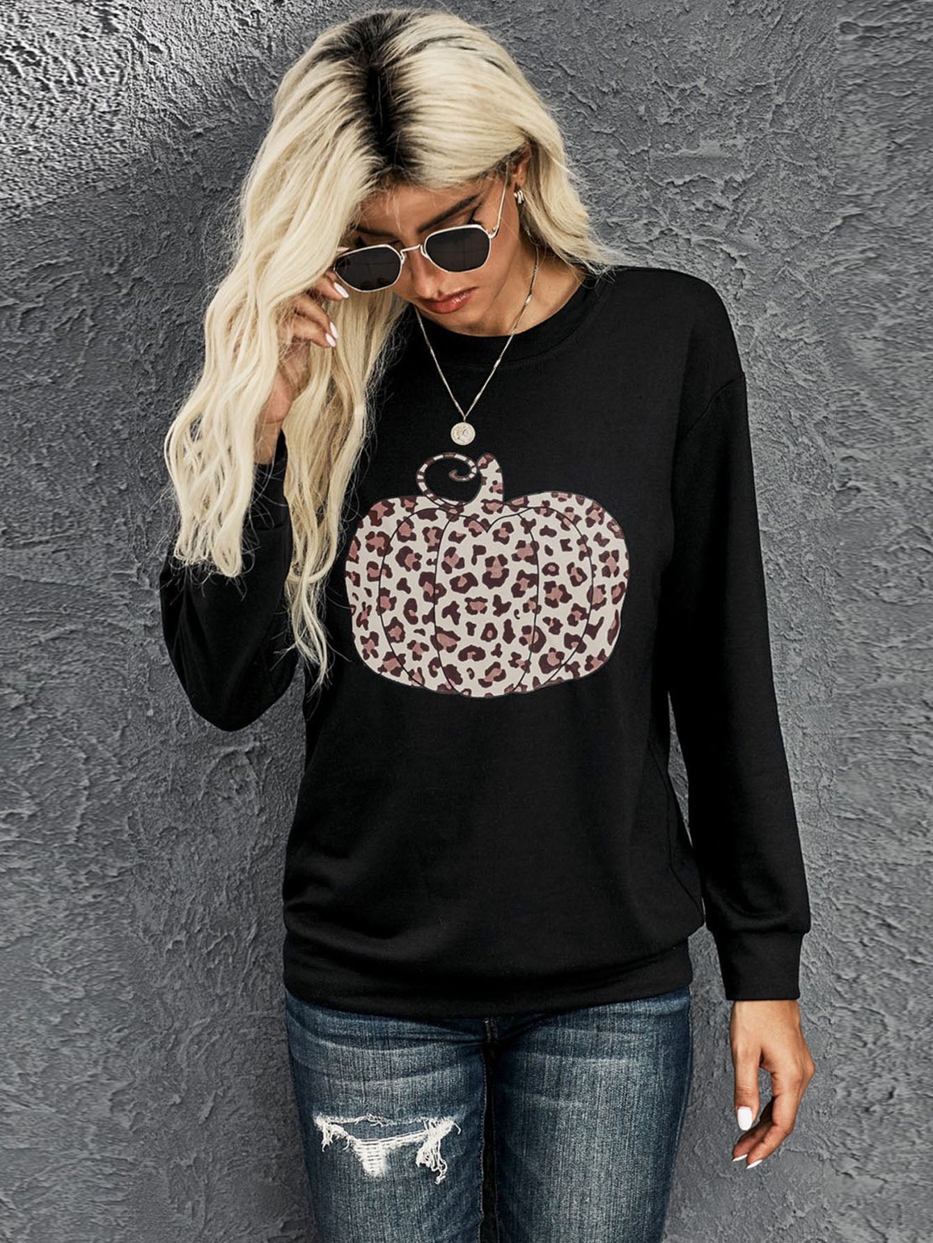 Long Sleeve Crew Neck Pumpkin Pattern Printing Shirt Sai Feel