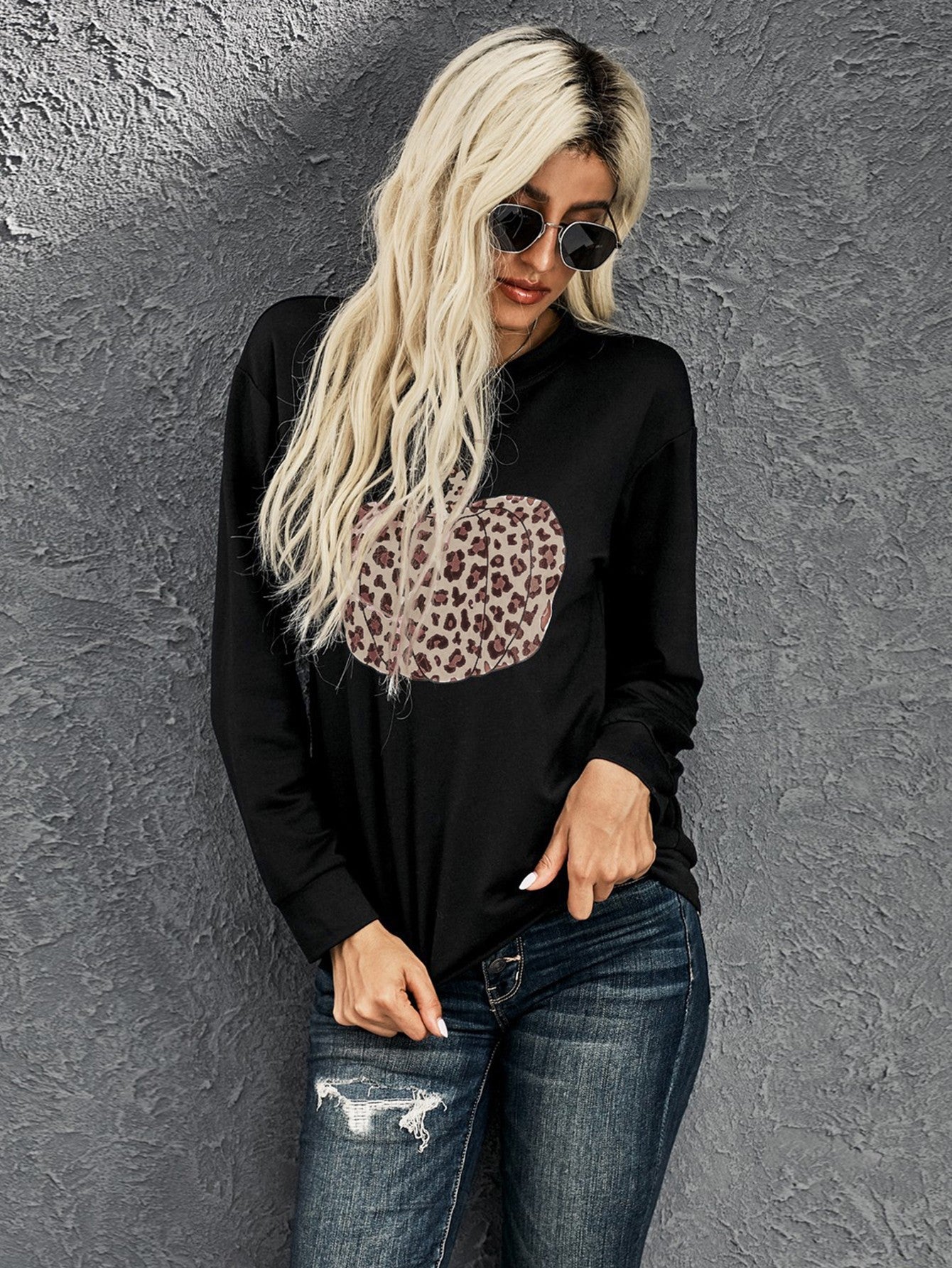 Long Sleeve Crew Neck Pumpkin Pattern Printing Shirt Sai Feel