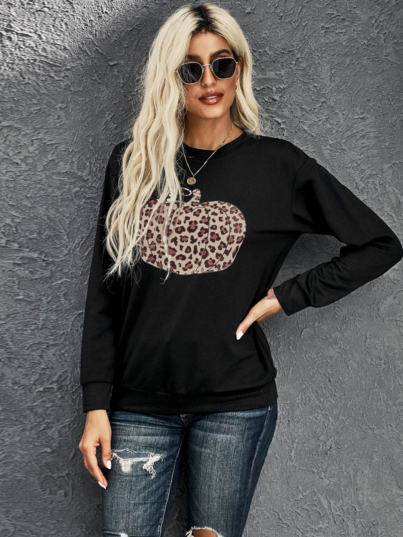 Long Sleeve Crew Neck Pumpkin Pattern Printing Shirt Sai Feel