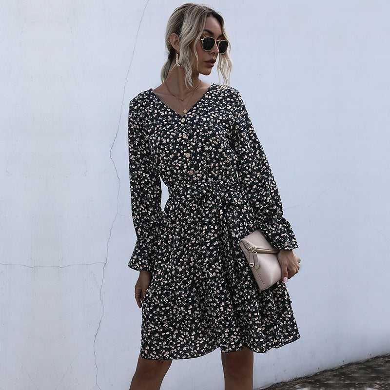 Long Sleeve Floral Chiffon Dress High Waist Black Pleated Dress Spring Autumn Fashion Dress Sai Feel