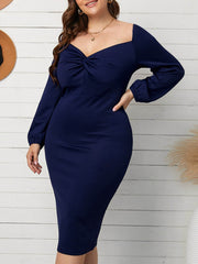 Long Sleeve Front Knot Plus Size Midi Dress Sai Feel