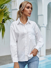 Long Sleeve Pocket Solid Color Lapel Collar Shirt Cotton Top Sai Feel