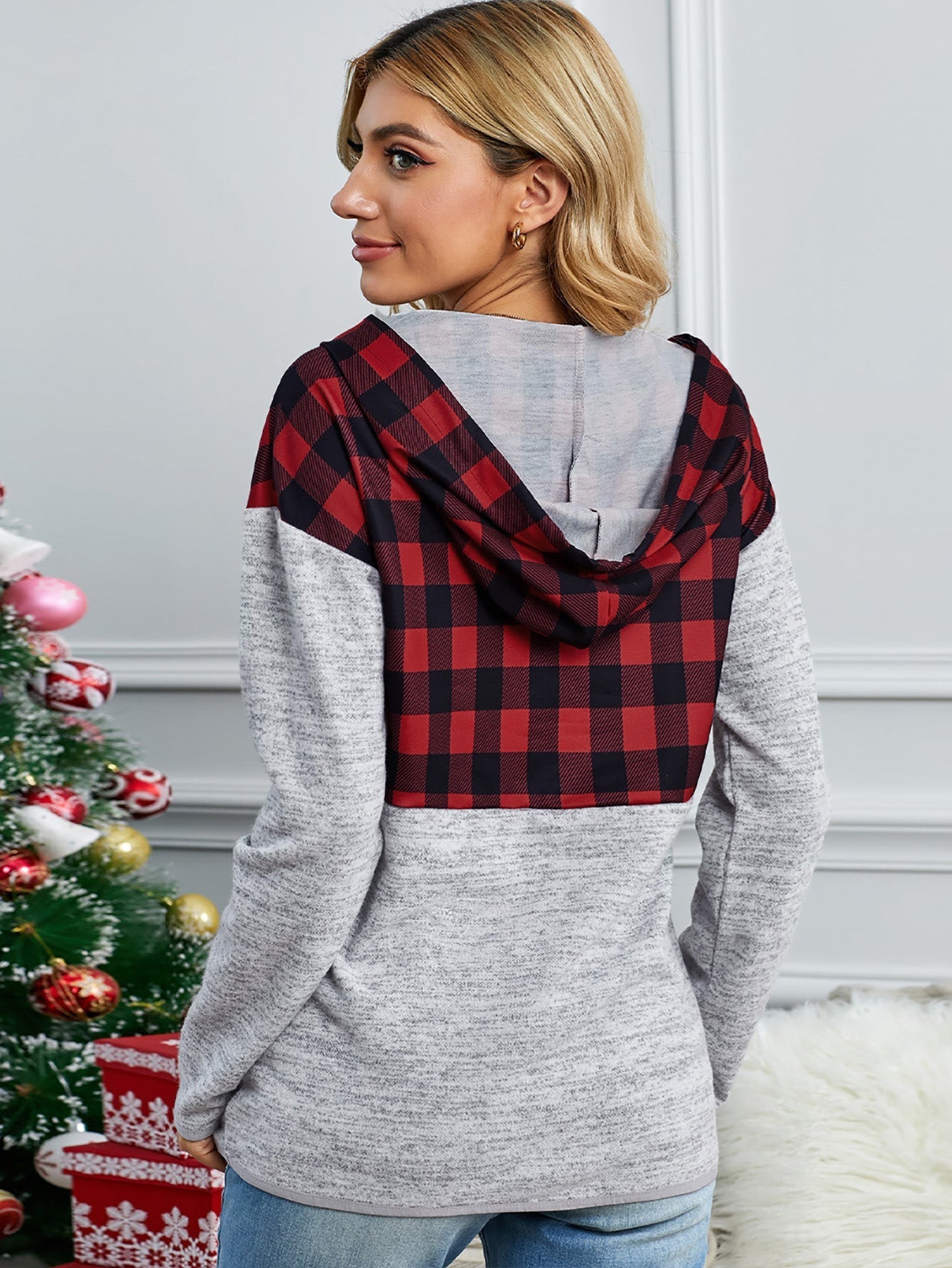 Long Sleeve Pullover Button Down V-neck Drawstring Hoodie Christmas Plaid Patchwork Sweatshirt Sai Feel