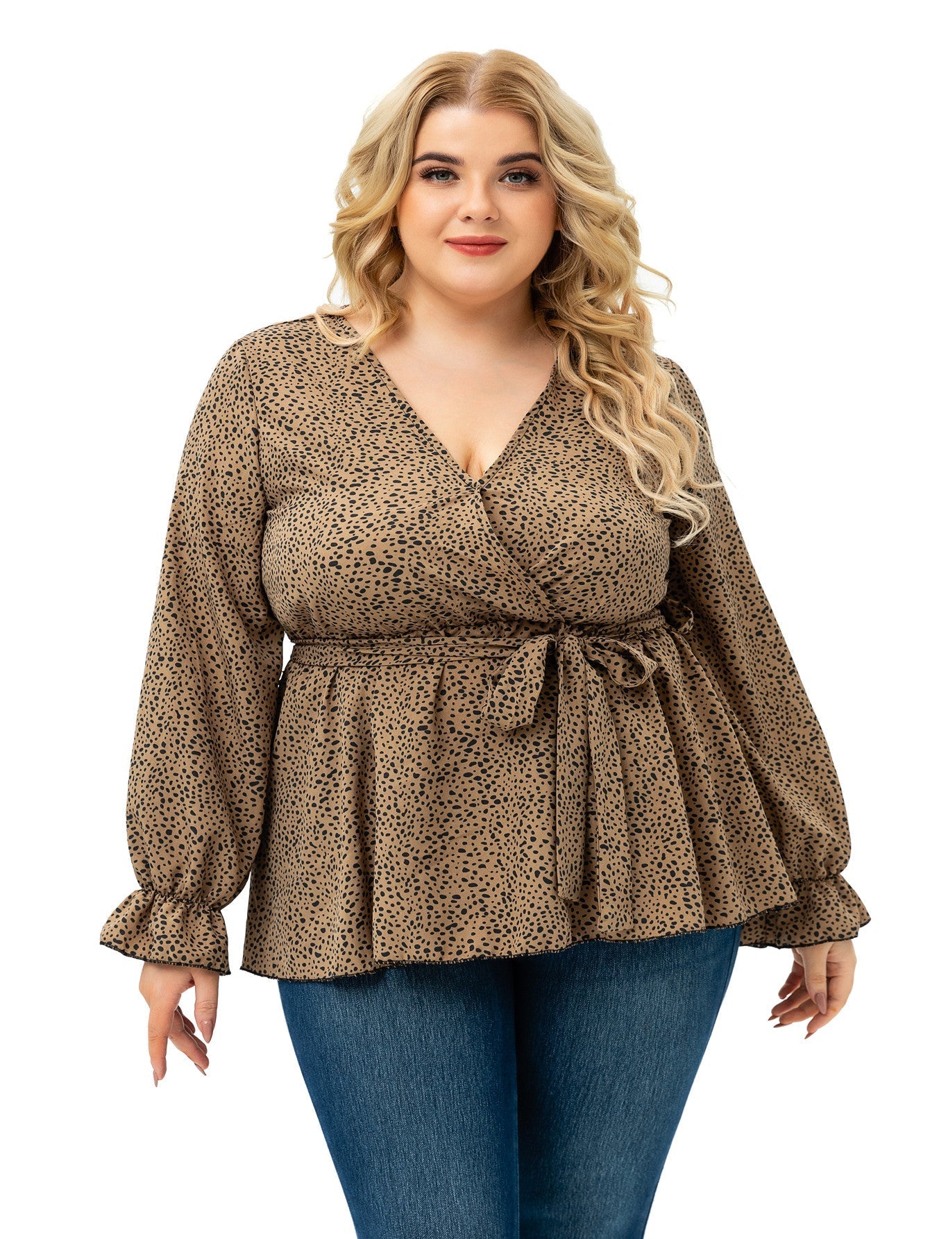 Long Sleeve V Neck Dots with Belt Plus Size Blouse Top Sai Feel