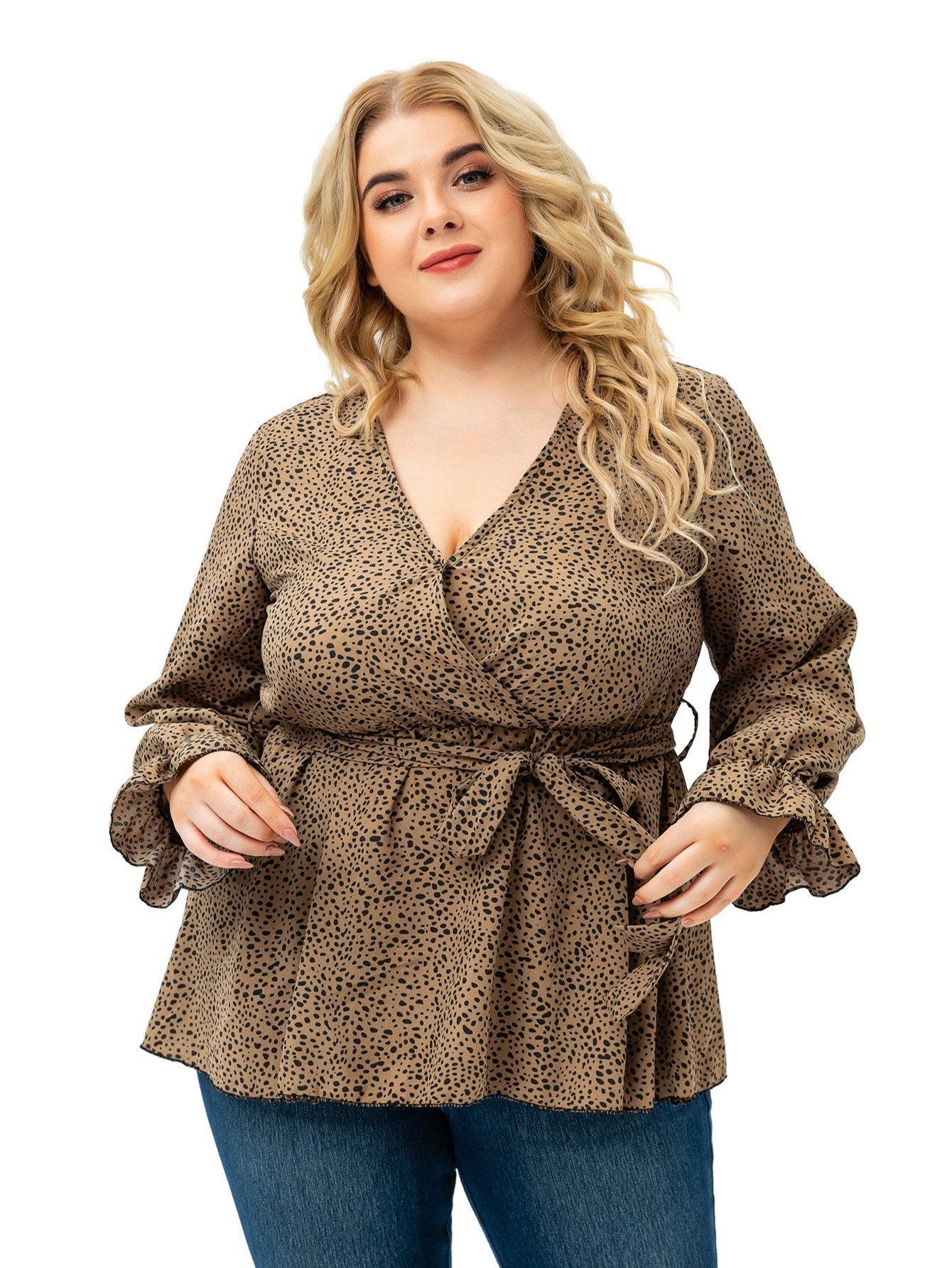Long Sleeve V Neck Dots with Belt Plus Size Blouse Top Sai Feel