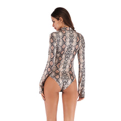 Long Sleeve Zipper Sexy Leopard Print Slim Bodysuit Women Bodycon Slim Spring Autumn Chain Tops Sai Feel