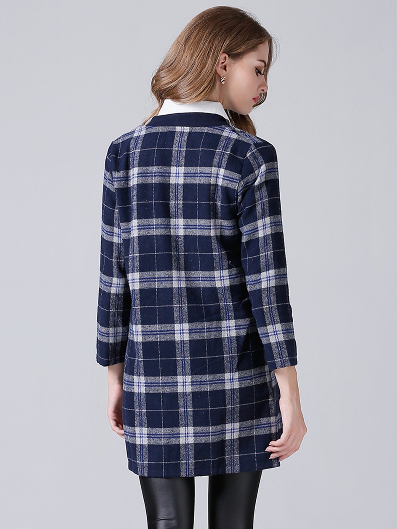 Long plaid round collar trim woollen coat Sai Feel