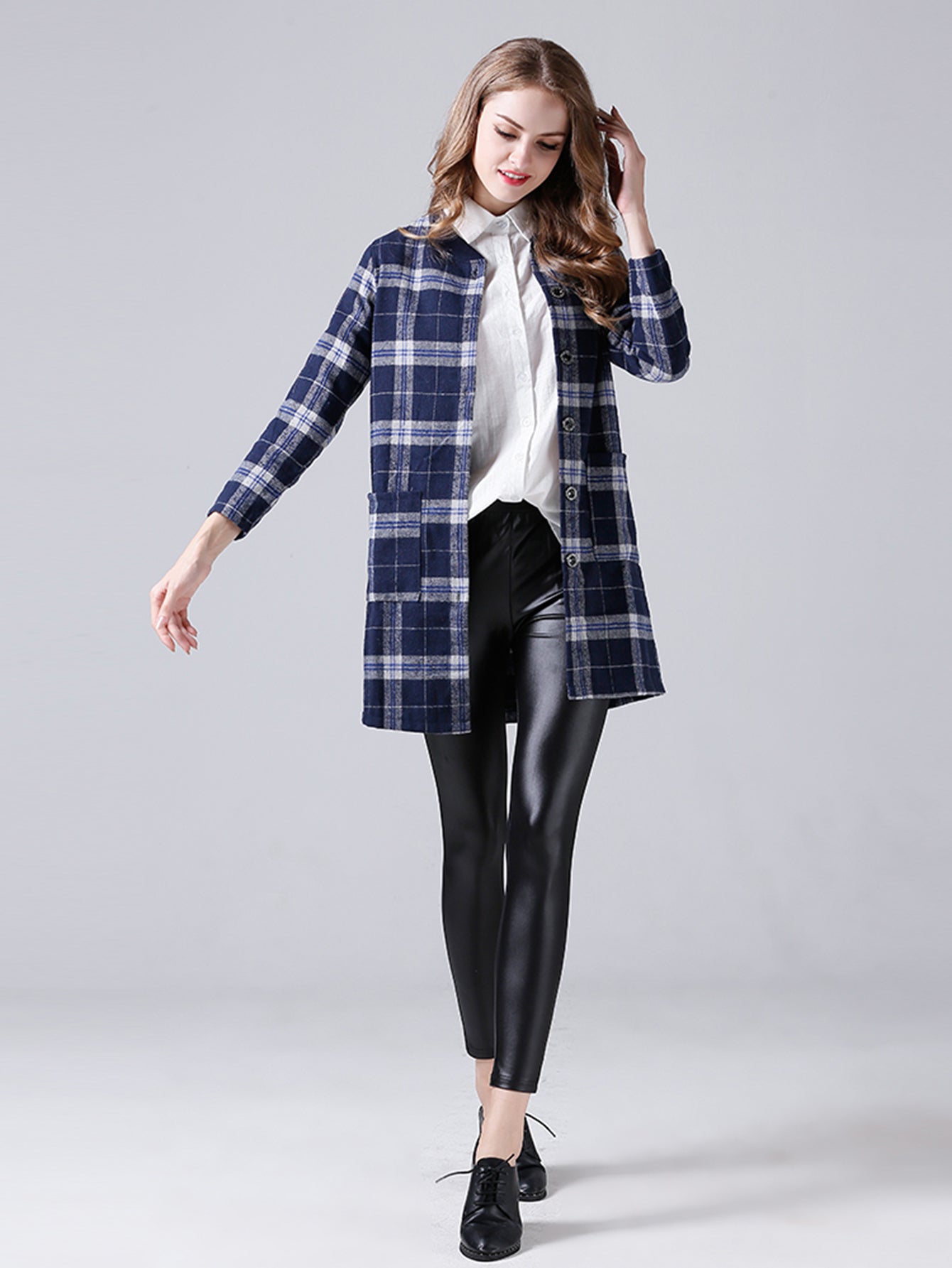 Long plaid round collar trim woollen coat Sai Feel