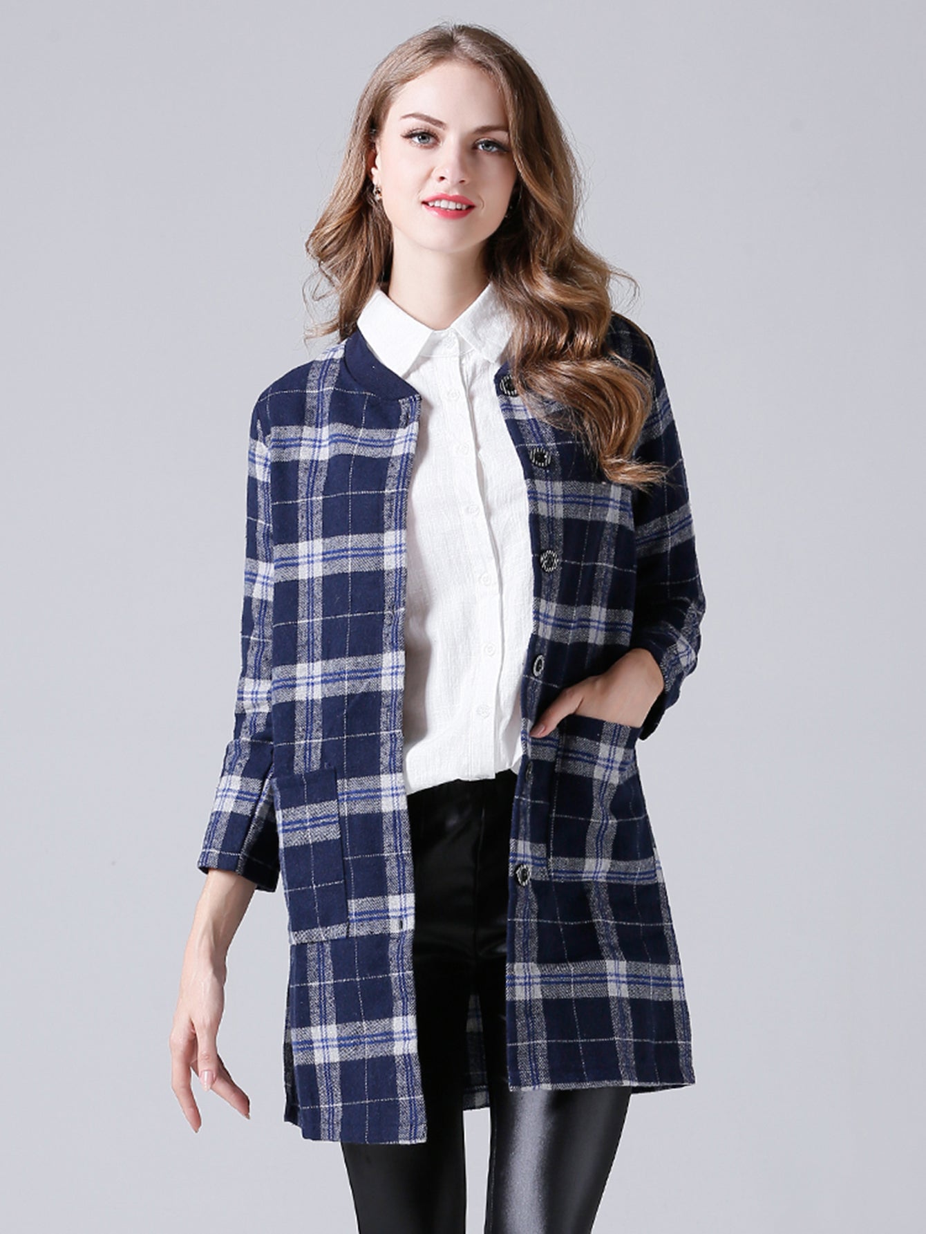 Long plaid round collar trim woollen coat Sai Feel