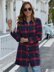 Long plaid round collar trim woollen coat Sai Feel