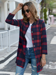 Long plaid round collar trim woollen coat Sai Feel