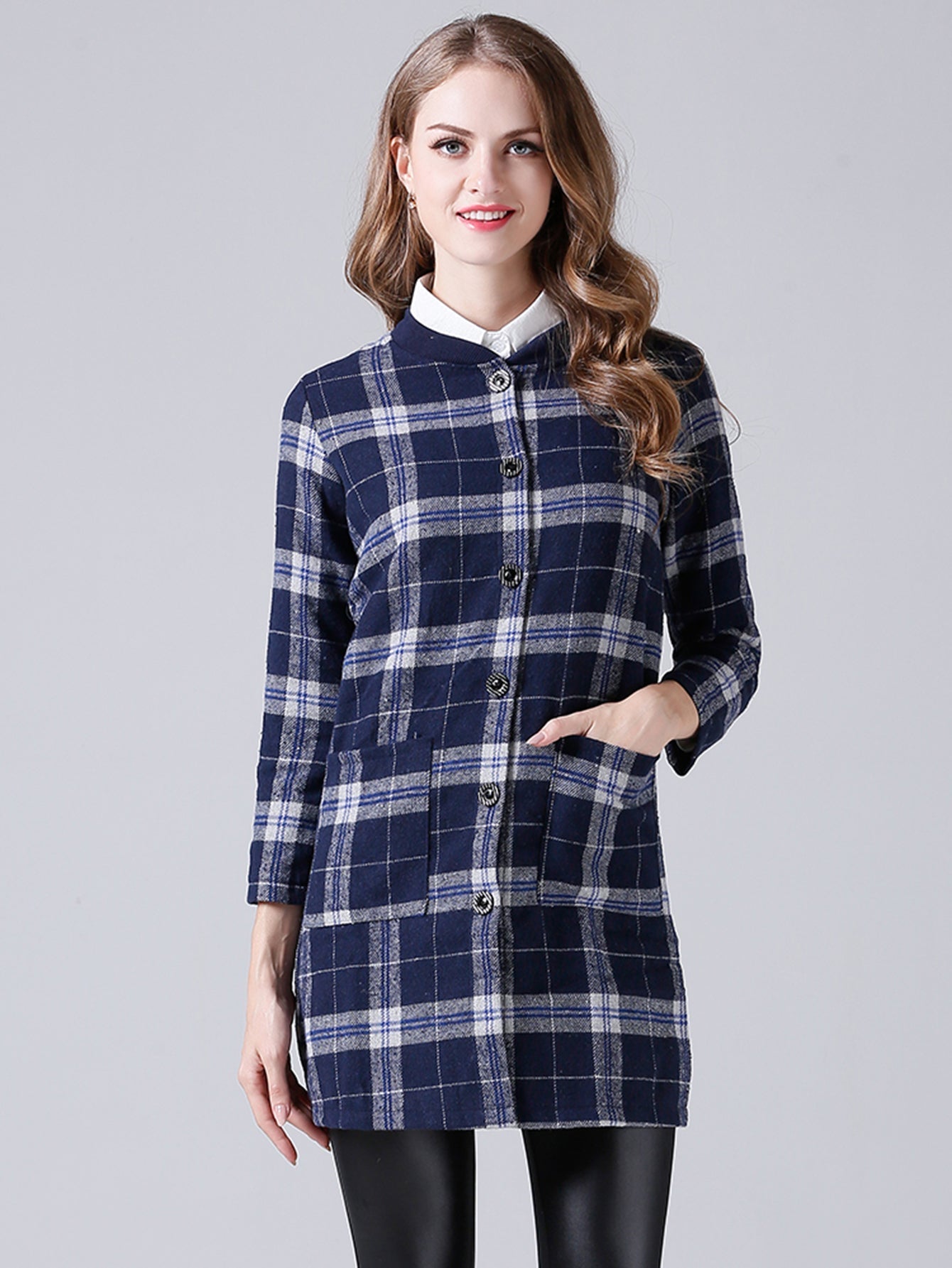 Long plaid round collar trim woollen coat Sai Feel