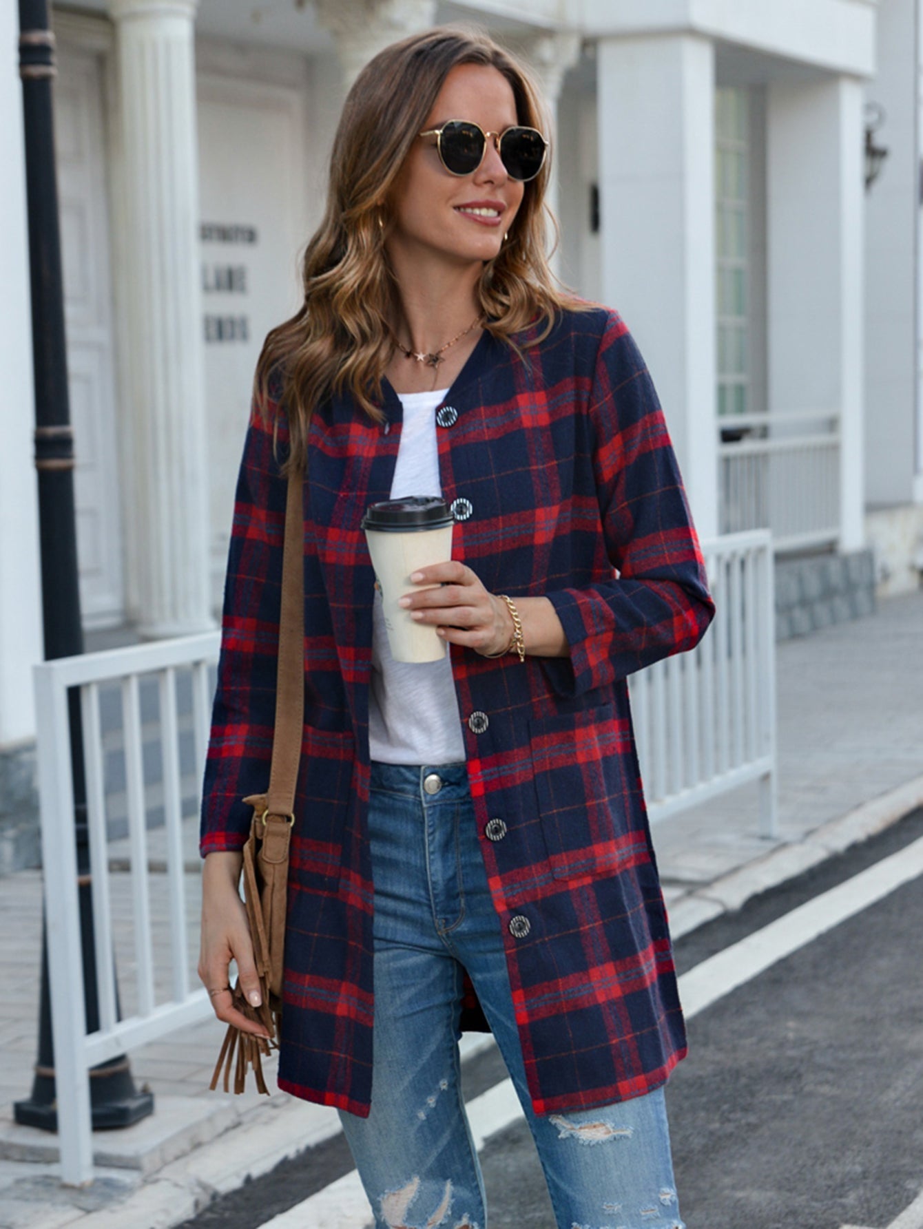 Long plaid round collar trim woollen coat Sai Feel