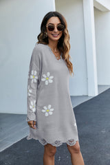 Long round neck pullover flower loose knit dress Sai Feel