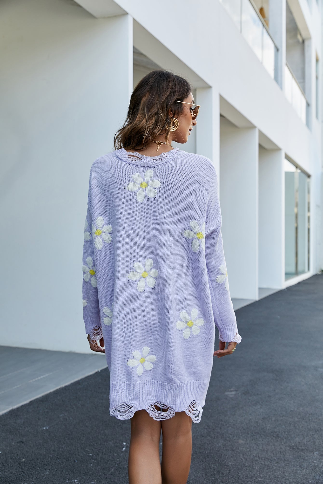 Long round neck pullover flower loose knit dress Sai Feel