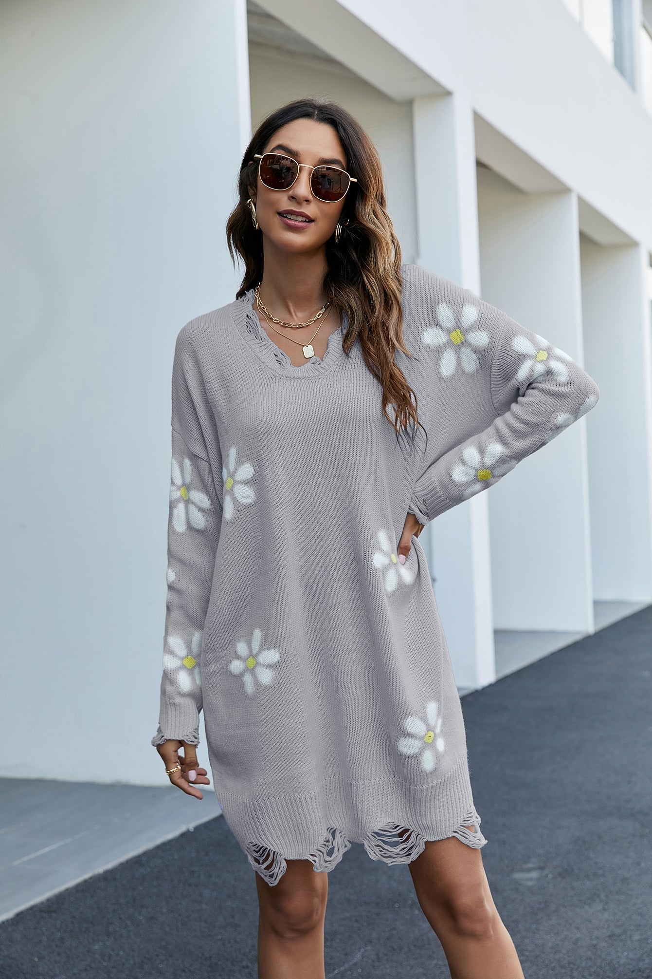 Long round neck pullover flower loose knit dress Sai Feel