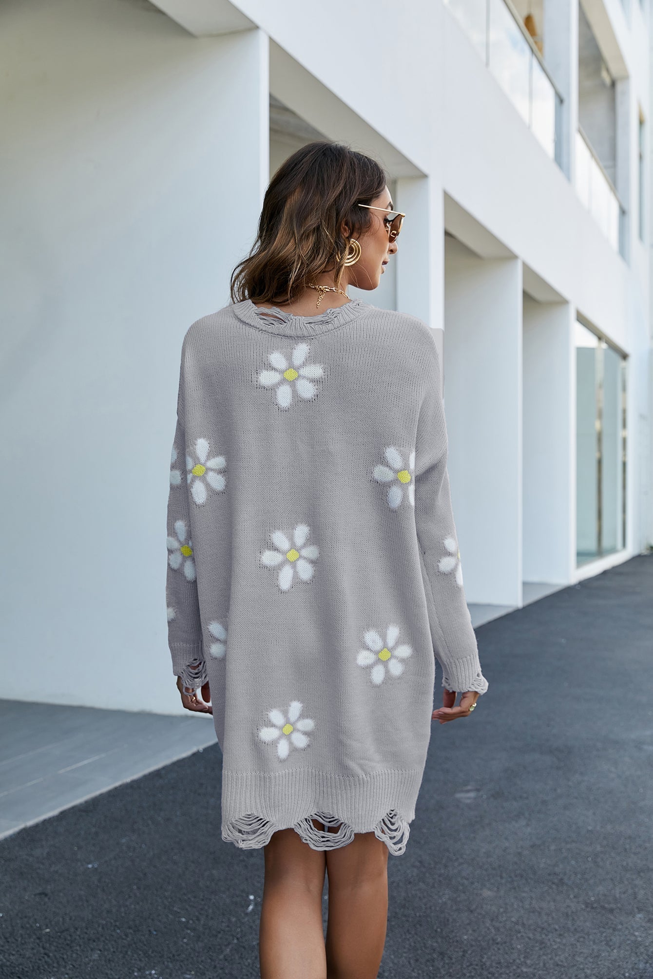 Long round neck pullover flower loose knit dress Sai Feel