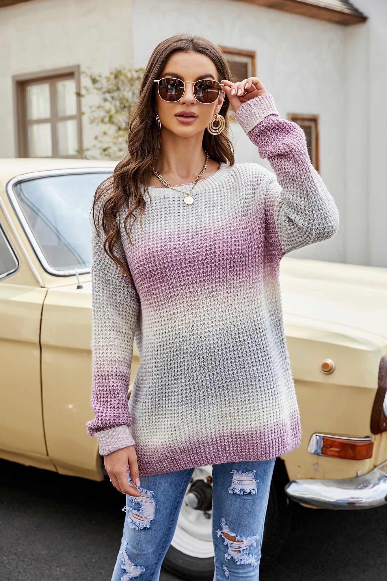 Long sleeve loose knit gradient pullover sweater Sai Feel