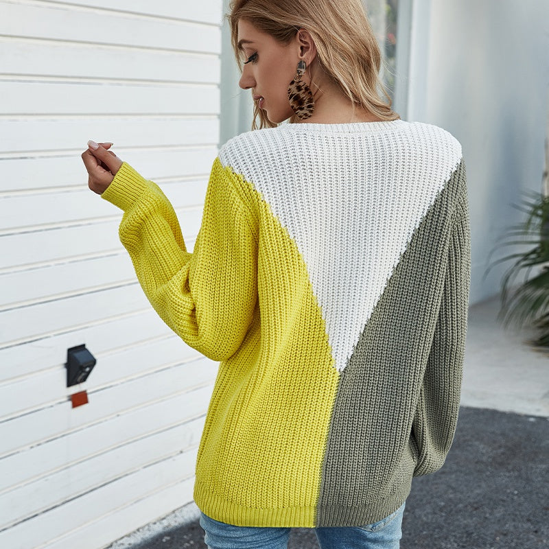 Loose Contrast Long-sleeved Sweater Autumn and Winter New Round Neck Pullover Sweater Sai Feel