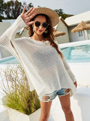 Loose Hollow Knit Sweater Round Neck Beach and Holiday Bat Sleeve Pullover Knit Blouse Sai Feel