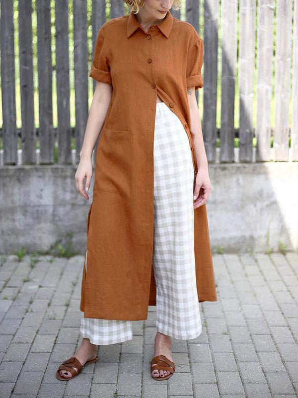 Loose Lapel Button Short Sleeve Shirt Dress Sai Feel