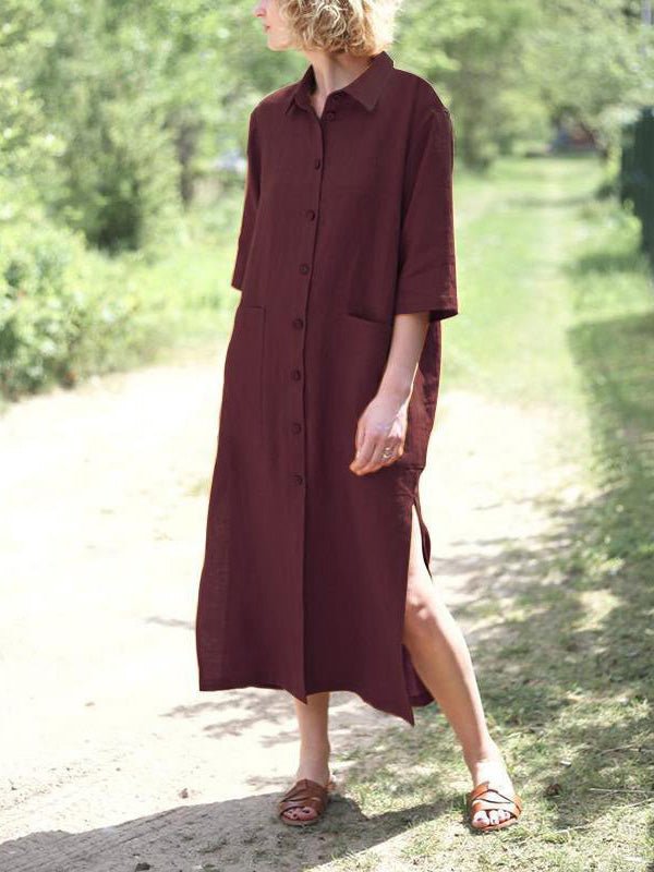 Loose Lapel Button Short Sleeve Shirt Dress Sai Feel