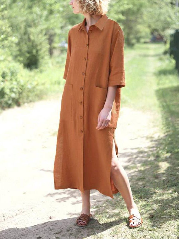 Loose Lapel Button Short Sleeve Shirt Dress Sai Feel