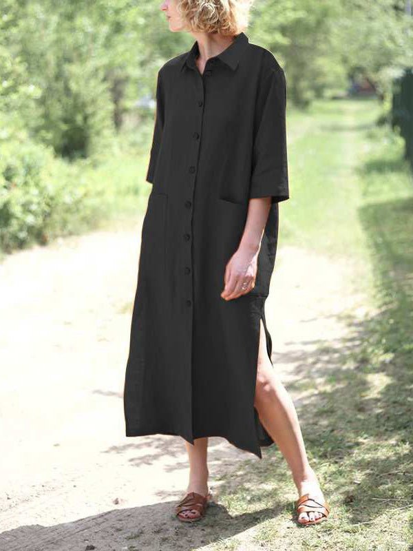 Loose Lapel Button Short Sleeve Shirt Dress Sai Feel